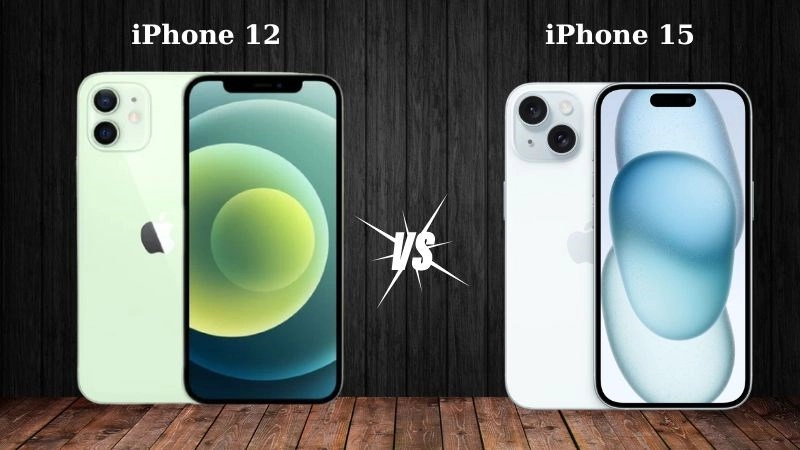 Cụm camera iPhone 12 so sánh với camera iPhone 15 Pro với khả năng zoom quang học.